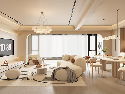 Modern Living Dining Room Interior With Curved Sofa Coffee Table Dining Set And Pendant Lights 3d model