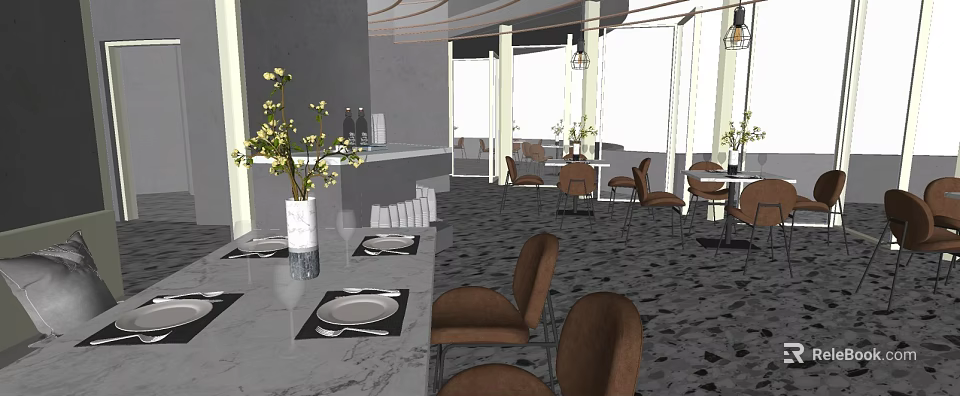 Elegant Restaurant Interior Design With Dining Tables Brown Chairs Bar Counter And Pendant Lights 3d model 
