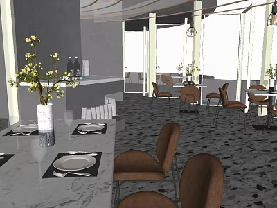 Elegant Restaurant Interior Design With Dining Tables Brown Chairs Bar Counter And Pendant Lights 3d model