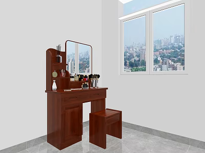 Wooden Dressing Table With Mirror Cosmetics And Stool In Room With Window City View 3d model