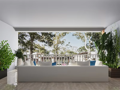 Bright Home Balcony Space With White Sofa Green Plants And Scenic View 3d model