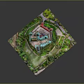 Elaborate Castle Architecture Model With Lush Green Trees Scenic Lake And Winding Path