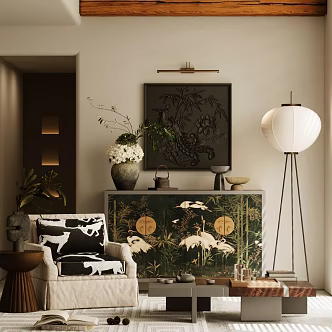 Middle Ancient Vintage Bucket Cabinet New Chinese Style Bucket Cabinet Decorative Cabinet Storage Cabinet Side Cabinet Entrance Cabinet Plant Potted Floriculture Hydrangea Chinese Style Table Lamp Leisure Chair Single Chair 3d model