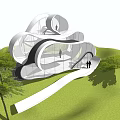 Modern Curved Pergola with Flowing Structure and Green Landscape in Outdoor Space