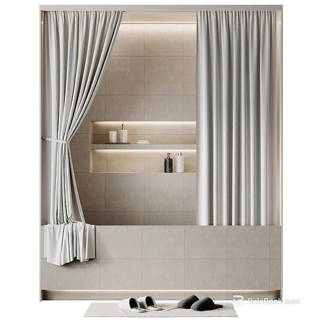 Modern Bathtub Interior with Grey Shower Curtains Beige Tile Walls and Wall Niche with Toiletries 3d model 