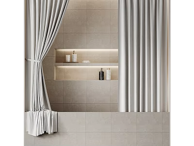 Modern Bathtub Interior with Grey Shower Curtains Beige Tile Walls and Wall Niche with Toiletries 3d model