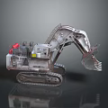 Industrial Excavator Featuring Tracks Mechanical Arm Bucket Red Components Yellow Label And Metal Build