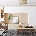 Warm Neutral Toned Living Room With Geometric Pattern Rug And Light Wooden Coffee Table Decor