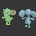 Blue Cartoon Elephants With Pink Ears Front And Back Views Standing On Black Reflective Surface