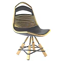 Modern Leisure Chair With Golden Striped Woven Back Black Seat And Wooden Legs
