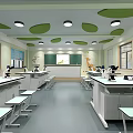School Science Laboratory With Lab Tables Microscopes Blackboard And Green Leaf Ceiling 3d model