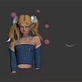 Blonde Girl In Blue Off Shoulder Top With Flowers And Pink Spheres Crescent Moons