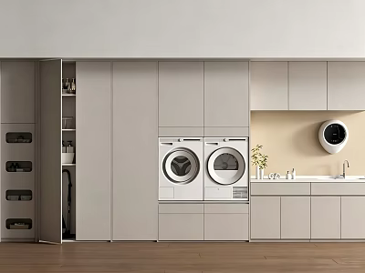 Modern Home Balcony With Grey Cabinets Washing Machine Dryer Sink Round Mirror And Storage Shelves 3d model