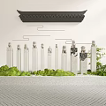 Traditional Chinese Garden Ornament With Stone Pillars Carved Figures Green Plants Lantern And Herringbone Floor