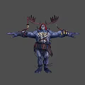 Blue Skinned Tribal Warrior Character With Deer Antlers Muscular Build And Ornate Weapons