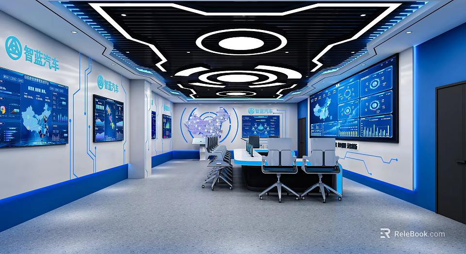 Smart Command Center Interior With Blue Tech Data Visualization Screens Conference Table And Chairs 3d model 