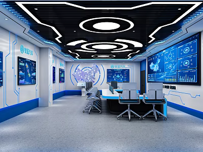 Smart Command Center Interior With Blue Tech Data Visualization Screens Conference Table And Chairs 3d model