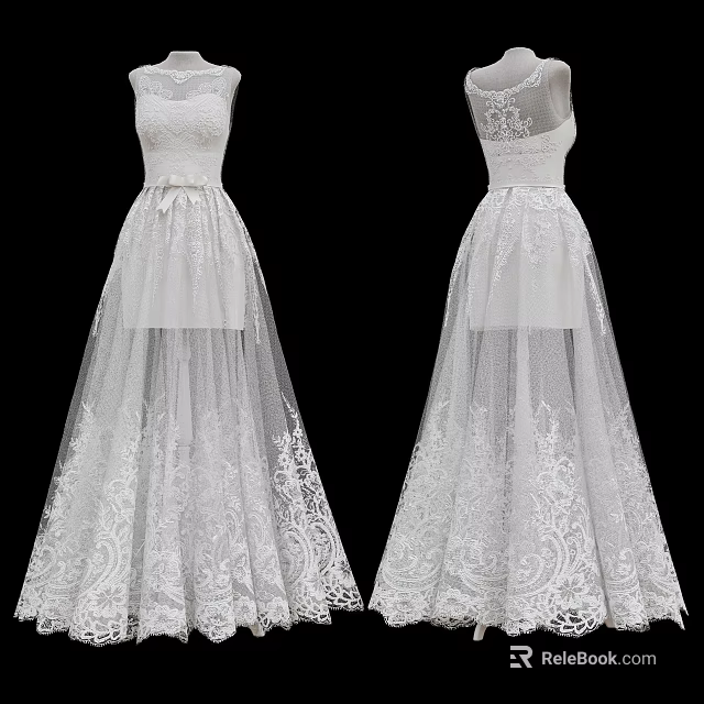 Elegant White Wedding Dress With Sleeveless Design And Lace Embroidered Flowing Skirt 3d model 
