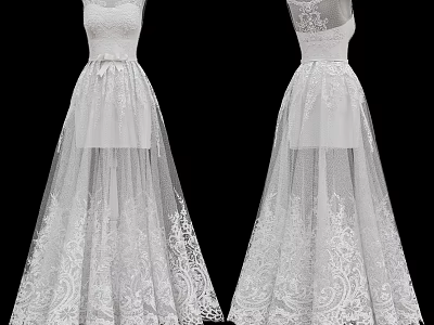 Elegant White Wedding Dress With Sleeveless Design And Lace Embroidered Flowing Skirt 3d model