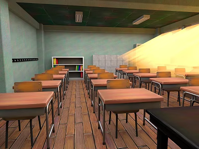 School Classroom Interior Featuring Wooden Floors Neatly Arranged Desks Chairs Lockers Bookshelf Sunlight Through Windows 3d model