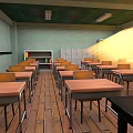 School Classroom Interior Featuring Wooden Floors Neatly Arranged Desks Chairs Lockers Bookshelf Sunlight Through Windows