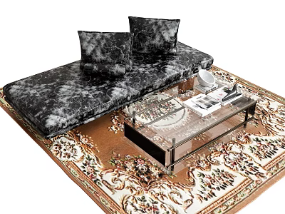 Marble Pattern Multi Seater Sofa with Cushions Glass Coffee Table and Decorative Rug 3d model