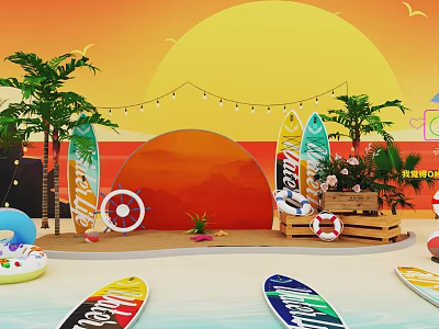 Vibrant Photo Check In Spot With Palm Trees Surfboards Lifebuoy And Sunset Backdrop 3d model