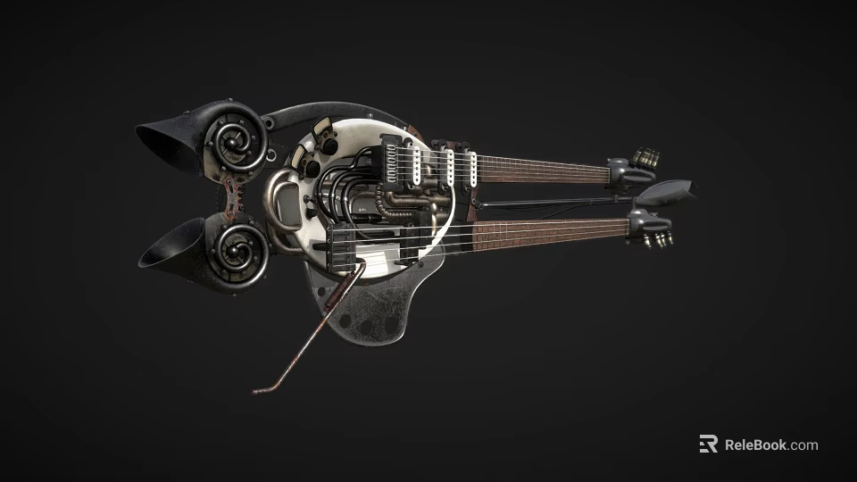 Steampunk Violin Shaped Weapon Featuring Mechanical Gears Metal Structure And String Details 3d model 