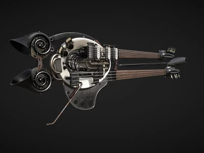 Steampunk Violin Shaped Weapon Featuring Mechanical Gears Metal Structure And String Details 3d model