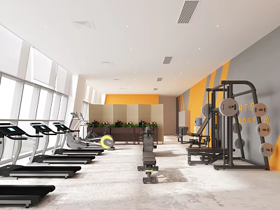 Modern Fitness Gym With Spacious Interior Treadmills Weightlifting Equipment And Large Windows 3d model