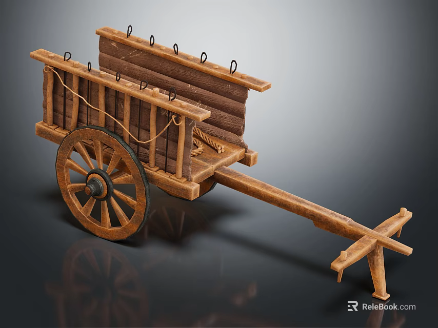 Traditional Wooden Cart With Large Spoked Wheel Wooden Frame And Rope Bindings 3d model 