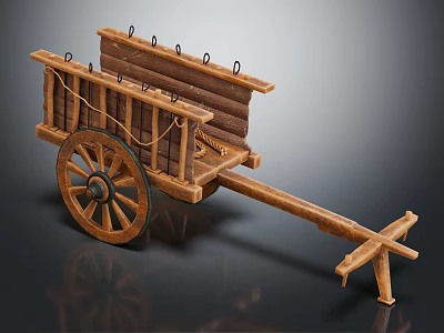 Traditional Wooden Cart With Large Spoked Wheel Wooden Frame And Rope Bindings 3d model