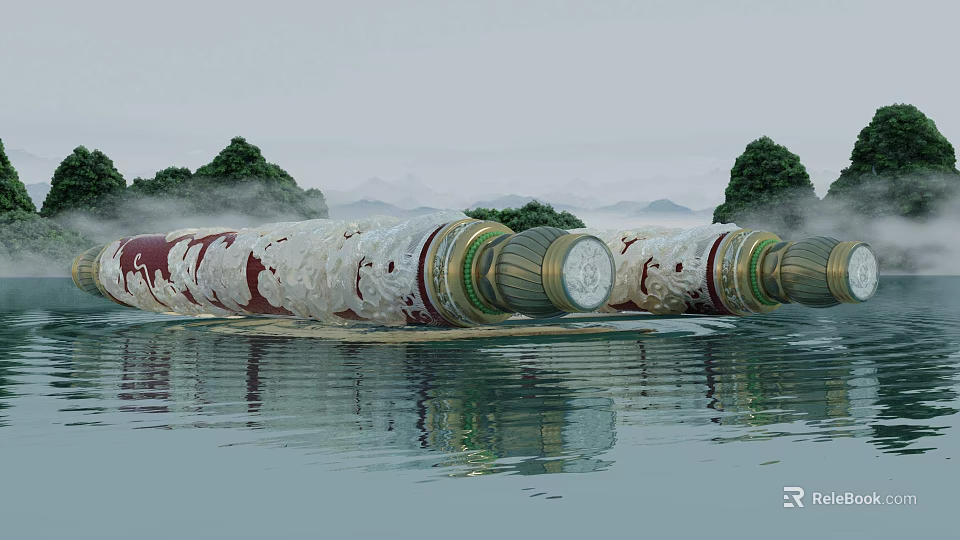 Scenic Landscape With Water Surface Giant Scrolls Red White Patterns Trees Distant Mountains Calm Reflections 3d model