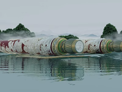 Scenic Landscape With Water Surface Giant Scrolls Red White Patterns Trees Distant Mountains Calm Reflections 3d model