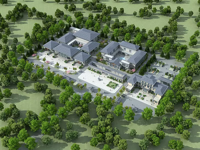 Birds Eye View Planning of Integrated Building Complex With Lush Greenery and Open Spaces 3d model