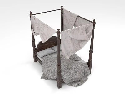 Four Poster Double Bed With Dark Wooden Posts Gray Bedspread And Light Drapes 3d model