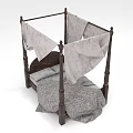 Four Poster Double Bed With Dark Wooden Posts Gray Bedspread And Light Drapes