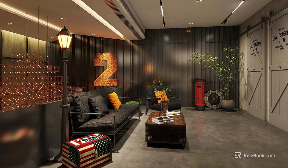 Elegant Café Interior With Wooden Panels Number 2 Black Sofa Orange Pillows And Red Mailbox 3d model 