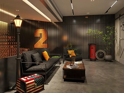 Elegant Café Interior With Wooden Panels Number 2 Black Sofa Orange Pillows And Red Mailbox 3d model