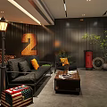 Elegant Café Interior With Wooden Panels Number 2 Black Sofa Orange Pillows And Red Mailbox