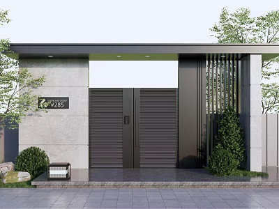 Modern Entrance Gate With Black Double Doors Gray Wall And Green Plants 3d model