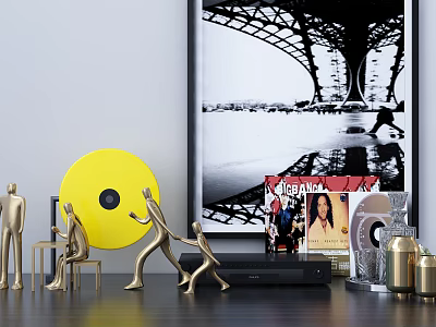 Decorative Ornament Set With Golden Human Figurines Yellow Vinyl Records And CDs Eiffel Tower Poster 3d model