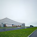 Modern Curved Sales Office Building With Glass Curtain Wall And Lawn Sculptures