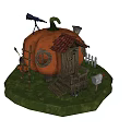 Cartoon Scene With Pumpkin House Red Roof Round Windows Ladder Telescope Small Pumpkins Fence Mailbox