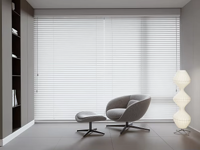 White Window Blinds In Modern Interior With Gray Armchair Ottoman And Floor Lamp 3d model