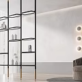 Modern Black And Gold Metal Shelving Unit With Decorative Vases Near Accent Chair