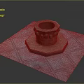 Stone Carved Circular Pedestal On Blue Square Mat With Geometric Pattern And Decorative Carvings