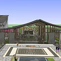 Modern Commercial Architectural Landscape with Glass Facade Pink Tree and Paved Plaza