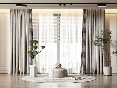 Gray Curtains In Modern Indoor Space With White Blinds Window And Green Plants Round Rug 3d model