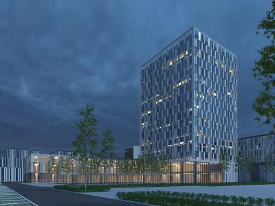 Modern Glass Office Building Night View With Illuminated Windows And Trees 3d model
